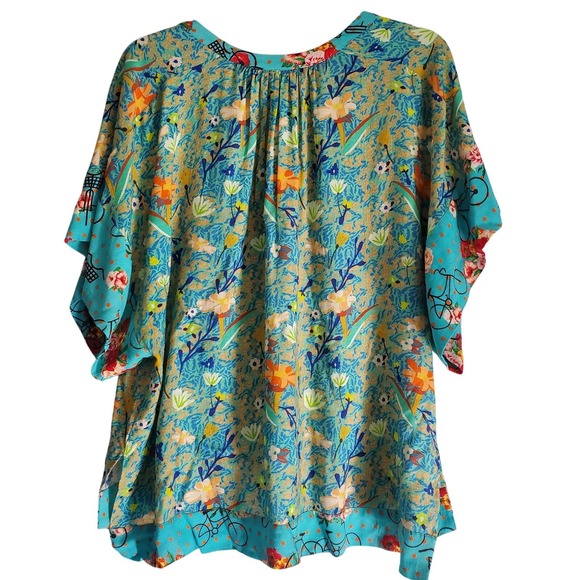 Benares Shirt Womens Small Teal Floral Boho Tunic Kimono Sleeve Oversized Artsy‎ - Picture 7 of 8